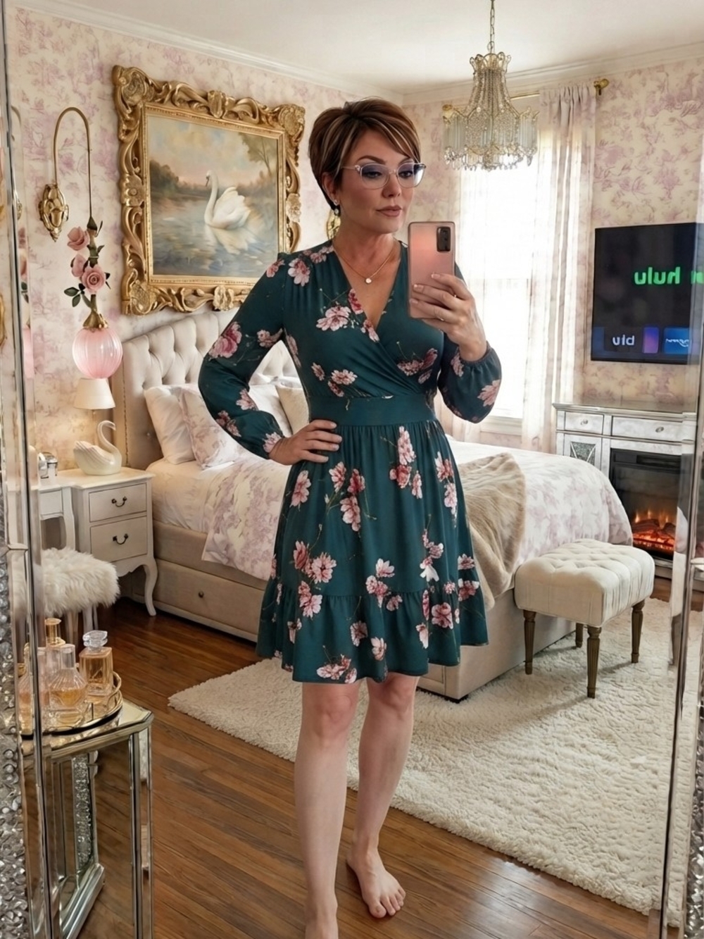 Floral Wrap V-Neck Long Sleeve Dress - Green
